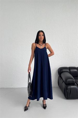 Neşeli butik kadın lacivert askılı içi astarlı kaş keten elbise NBG017