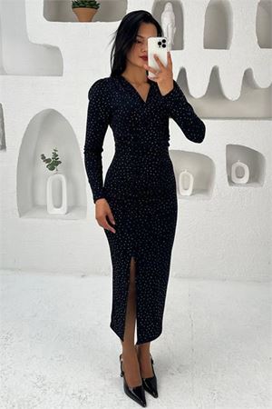 Kadın kruvaze yaka ışıltılı midi boy elbise DPMY3837