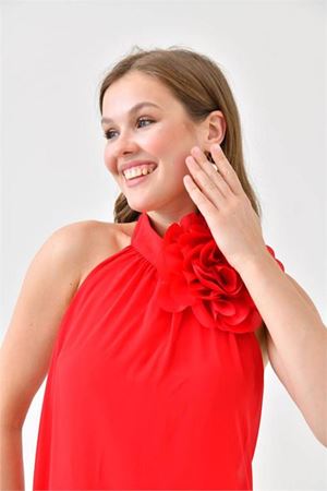 Neşeli butik kadın kırmızı şifon gül detaylı uzun abiye elbise NBS9351