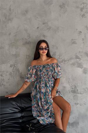 Neşeli butik kadın madona yaka desenli şifon elbise NBQ009