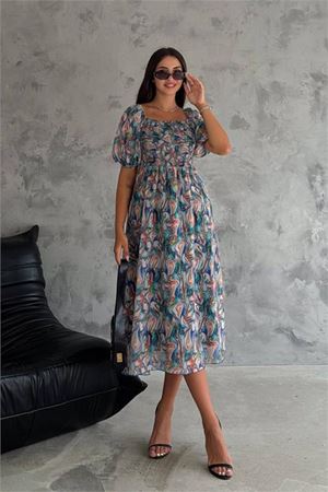 Neşeli butik kadın madona yaka desenli şifon elbise NBQ009