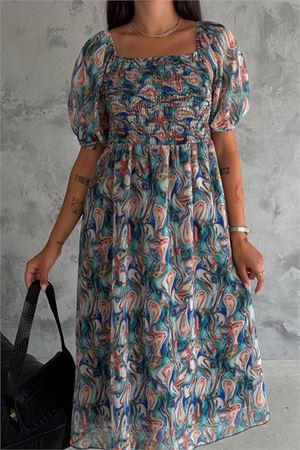 Neşeli butik kadın madona yaka desenli şifon elbise NBQ009