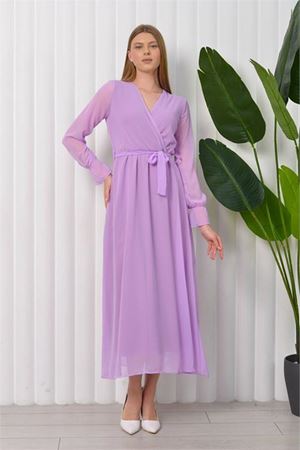 Neşeli butik kadın bağlama detaylı uzun şifon elbise KTS003 - Lila