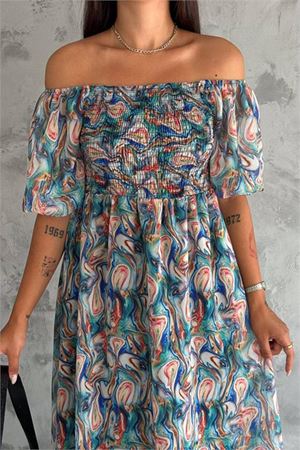 Neşeli butik kadın madona yaka desenli şifon elbise NBQ009