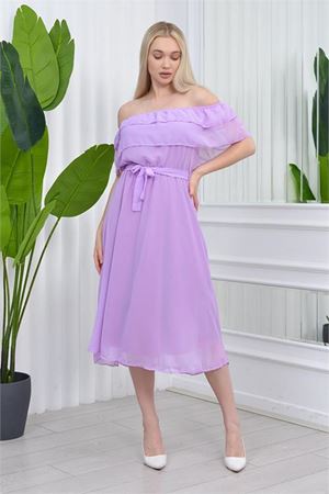 Neşeli butik kadın madonna yaka kuşaklı şifon elbise NB8060 - Lila