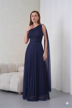 Neşeli butik kadın lacivert tek omuz tokalı drape detaylı ışıltılı tül kumaş abiye elbise --- NBS9388