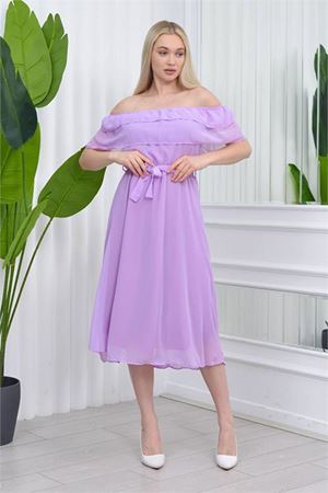 Neşeli butik kadın madonna yaka kuşaklı şifon elbise NB8060 - Lila