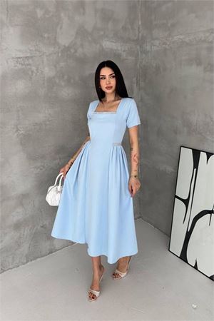 Kadın mavi kare yaka taş detaylı etek drapeli midi boy elbise ---- DPK4621