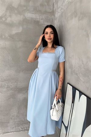 Kadın mavi kare yaka taş detaylı etek drapeli midi boy elbise ---- DPK4621