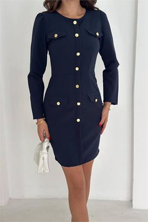 Kadın double kumaş düğmeli uzun kol mini elbise DPK4388