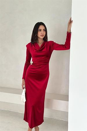 Kadın taş detaylı kadife uzun kollu elbise DPK4371