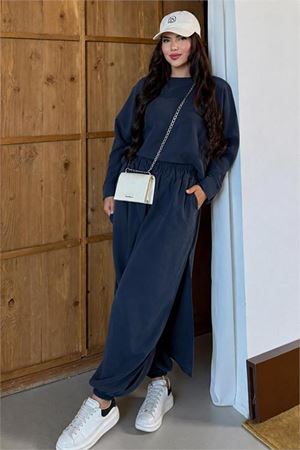 Kadın lacivert asimetrik tunik pantolon oversize tesnsel tesettür takım NMS104