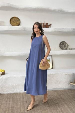 Neşeli butik kadın lacivert cep detaylı kolsuz oversize yazlık elbise NBNP038