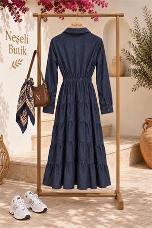 Kadın kot görünümlü gömlek yaka bel lastikli kat kat kadın elbise DPHT07