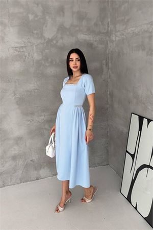 Kadın mavi kare yaka taş detaylı etek drapeli midi boy elbise ---- DPK4621