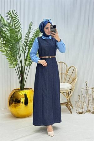 Kadın kemerli denim jile gömlek tesettür üçlü takım DPNMS073
