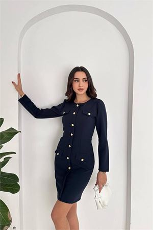 Kadın double kumaş düğmeli uzun kol mini elbise DPK4388