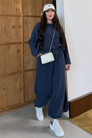Kadın lacivert asimetrik tunik pantolon oversize tesnsel tesettür takım NMS104