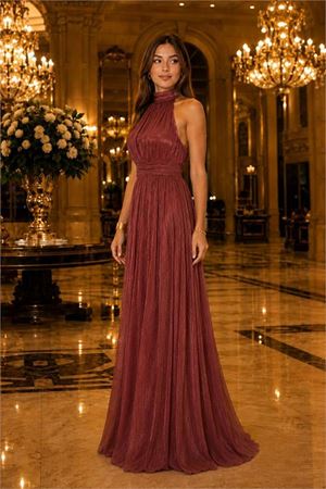 Neşeli butik kadın kiremit halter yaka janjan kumaş premium abiye elbise NBMY4128