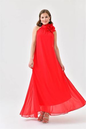 Neşeli butik kadın kırmızı şifon gül detaylı uzun abiye elbise NBS9351