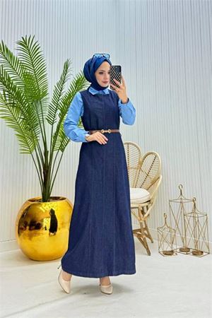Kadın kemerli denim jile gömlek tesettür üçlü takım DPNMS073