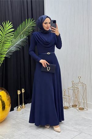 Kadın lacivert sandy kumaş degaje yaka kemer detaylı tesettür elbise---- NMS096