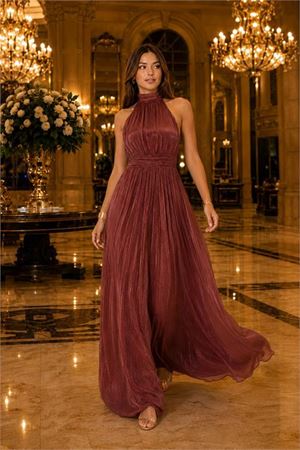 Neşeli butik kadın kiremit halter yaka janjan kumaş premium abiye elbise NBMY4128