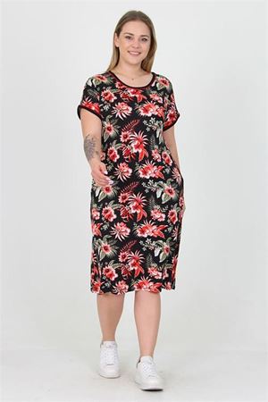 Neşeli butik kadın bisiklet yaka çiçek desenli büyük beden yazlık elbise AYSL30