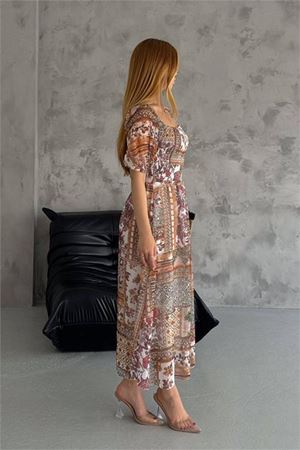 Neşeli butik kadın yazlık kare yaka desenli viskon elbise NBQ002