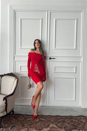 Neşeli butik kadın carmen yaka korse elbise NBDF017