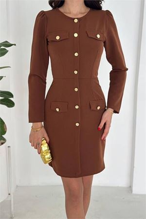 Kadın double kumaş düğmeli uzun kol mini elbise DPK4388
