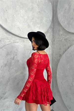 Neşeli butik kadın bolero detaylı güpür prenses elbise NBDF107