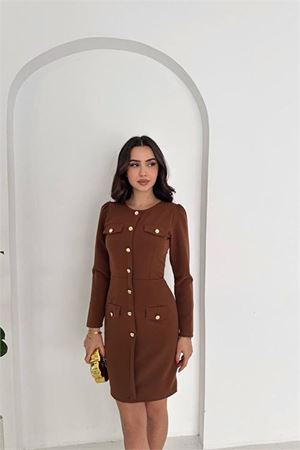 Kadın double kumaş düğmeli uzun kol mini elbise DPK4388