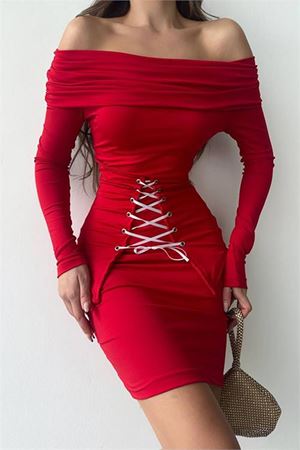 Neşeli butik kadın carmen yaka korse elbise NBDF017