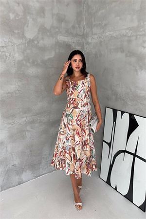 Kadın kırmızı kare yaka çiçek desenli kolsuz beli oturan midi elbise DPK4670