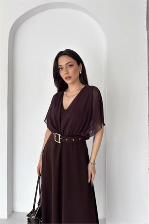 Kadın kahverengi şifon kol detaylı V yaka kemerli midi boy elbise ----DPK085
