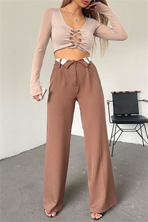 Neşeli butik kadın kahverengi palazzo pantolon QNS036