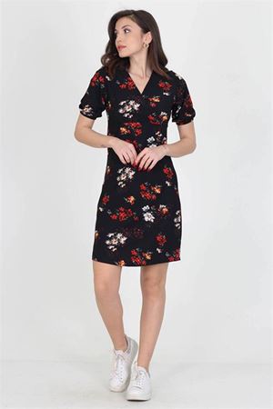 Neşeli butik kadın kruvaze yaka çiçek desenli örme krep mini elbise NB10022
