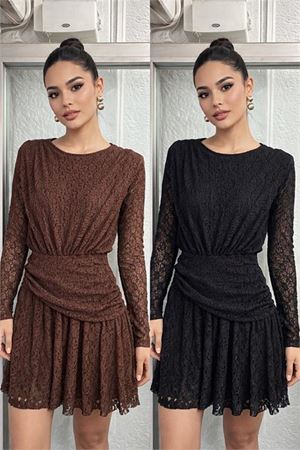 Kadın kahverengi dantel kumaş korsajlı omuz vatkalı mini boy premium elbise DPDKS199