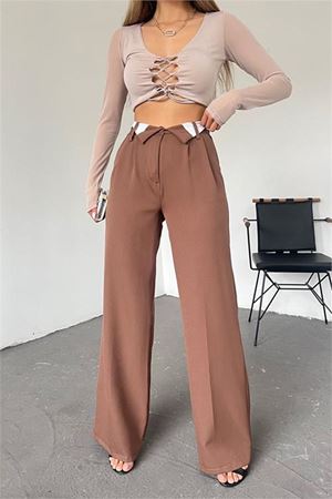 Neşeli butik kadın kahverengi palazzo pantolon QNS036