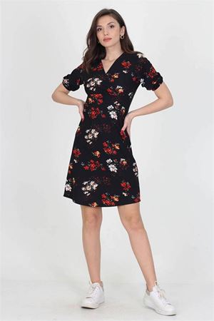 Neşeli butik kadın kruvaze yaka çiçek desenli örme krep mini elbise NB10022