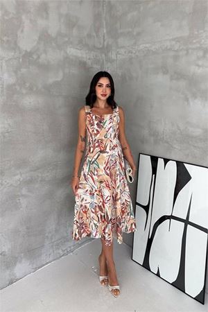Kadın kırmızı kare yaka çiçek desenli kolsuz beli oturan midi elbise DPK4670