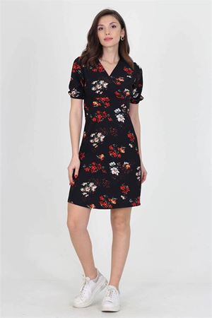 Neşeli butik kadın kruvaze yaka çiçek desenli örme krep mini elbise NB10022