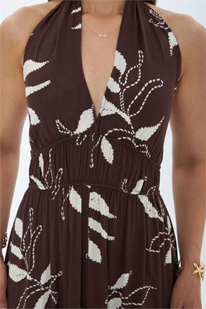 Kadın kahverengi halter yaka sırt dekolteli maxi boy elbise DPMY4121