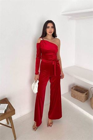 Kadın kırmızı kuşaklı tek omuz kadife kumaş tulum DPK068