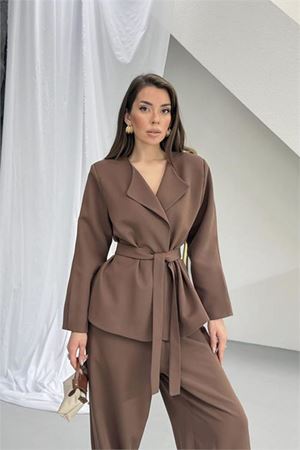 Kadın kahverengi kuşak detaylı oversize şalvar pantolon blazer ceket takım DPNP023