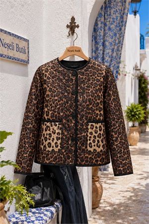 Kadın kahverengi leopar desen cepli kapitone oversize ceket DPHT04