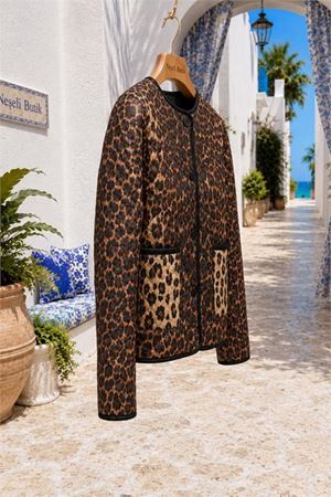 Kadın kahverengi leopar desen cepli kapitone oversize ceket DPHT04