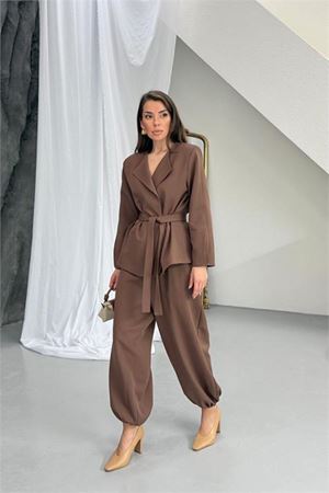 Kadın kahverengi kuşak detaylı oversize şalvar pantolon blazer ceket takım DPNP023
