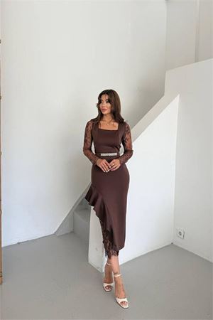 Kadın datelli etek volanlı asimetrik elbise DPNC2603